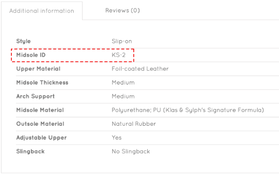 Midsole ID in Additional Information Tab (desktop) Where to see midsole ID on product page (desktop)